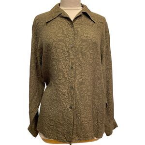 100% Silk Women Lg Sleeve Embossed Floral Button Tunic Blouse Olive Green M NWOT